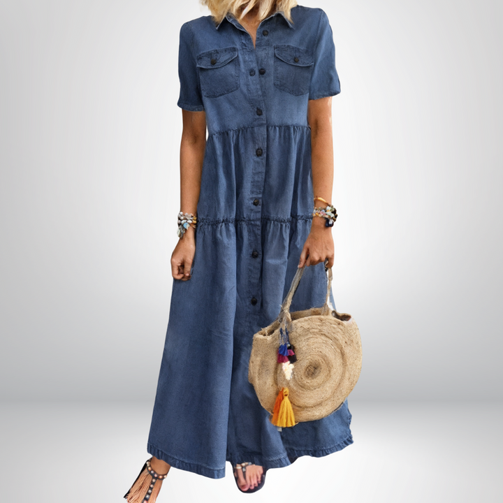 Leokadia - Rochie Din Denim Moale cu Nasturi