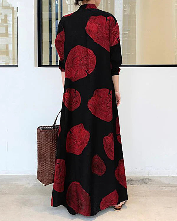 Poleska - Elegant Mânecă Lungă Rochie Maxi Imprimată