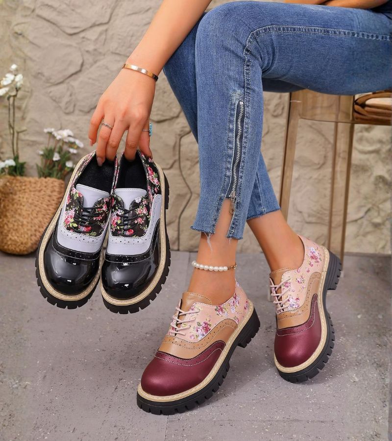 Kiela – Pantofi Oxford Cu Imprimeu Floral Și Talpă Groasă Cu Crampoane