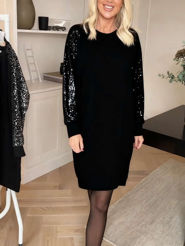 Cunningham - Rochie Cu Guler Rotund și Mâneci Lungi cu Paiete