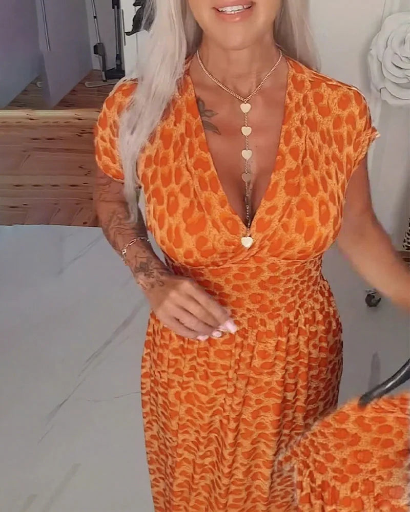 Erendira - Rochie Elegantă Cu Decolteu în V și Imprimeu Leopard