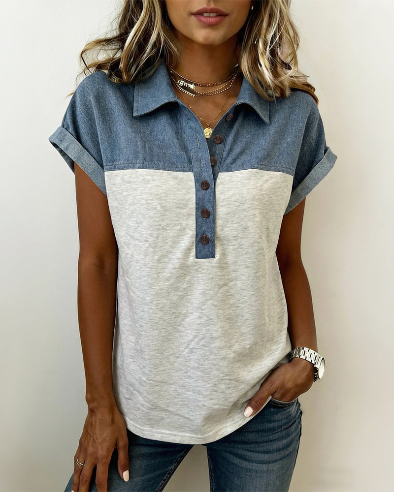 Myleena - Tricou Patchwork Cu Guler Răsfrânt