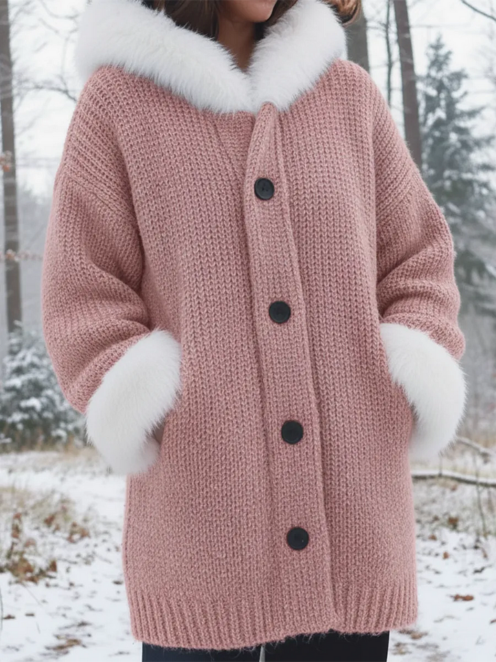 Nodia - Palton Cu Glugă Tricotat Cu Bordură Din Blană Artificială