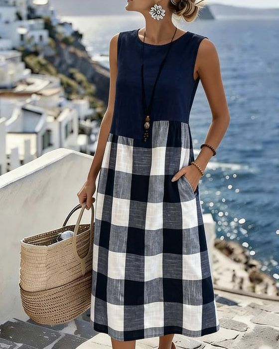 Suzina - Rochie Fără Mâneci în Stil Patchwork, Cu Imprimeu în Carouri