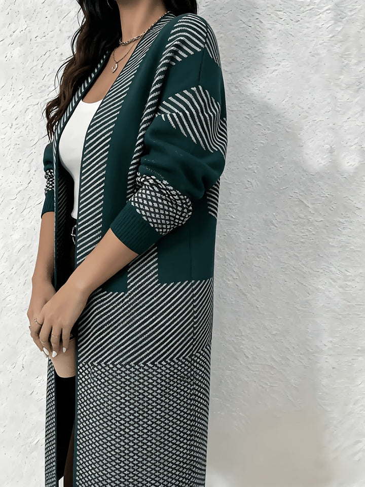 Zhamilya - Longline Geometric Knit Open Front Cardigan