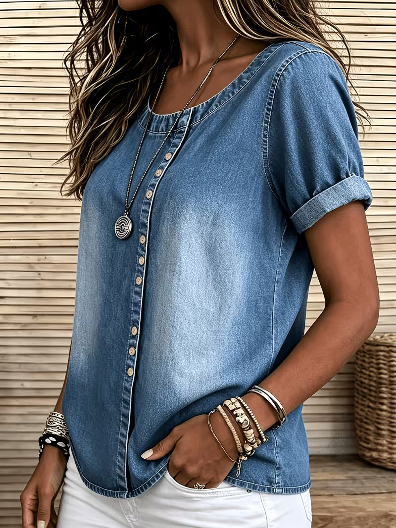 Ferina - Bluză Din Denim Cu Mâneci Scurte și Aspect Uzat