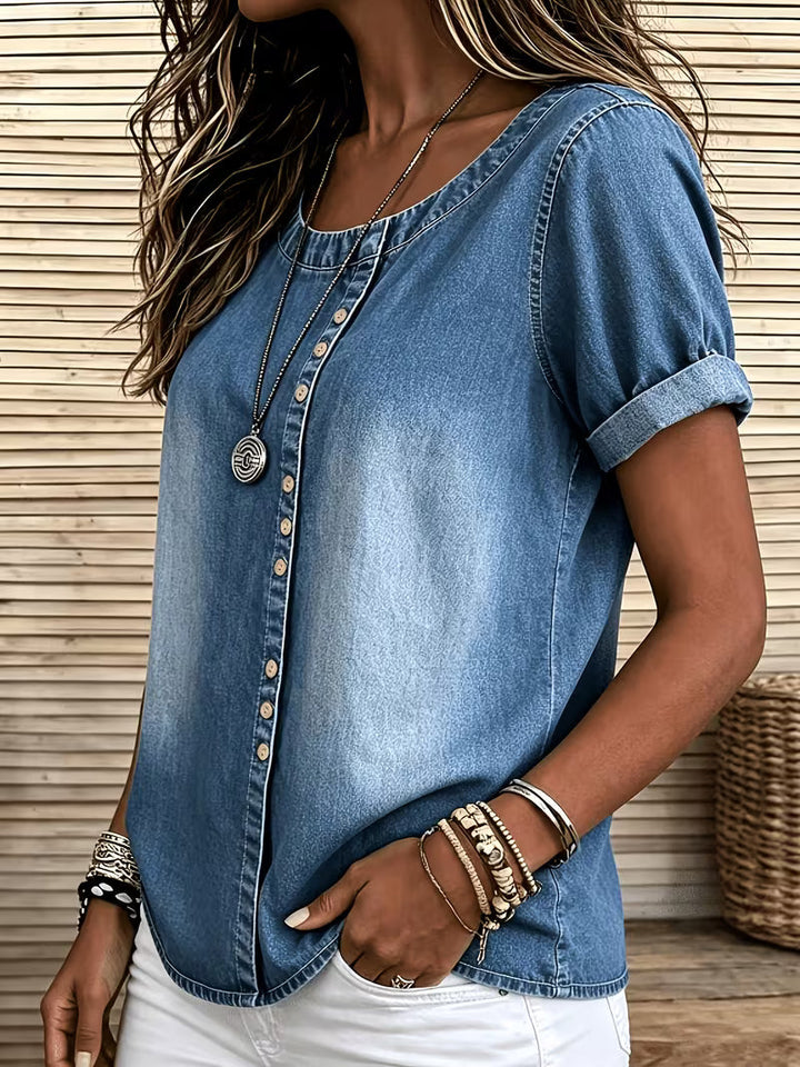 Ferina - Bluză Din Denim Cu Mâneci Scurte și Aspect Uzat