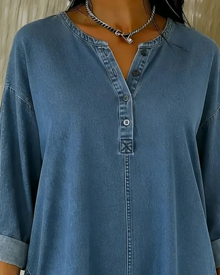 Yenara - Bluză din Denim cu Guler în V și Nasturi