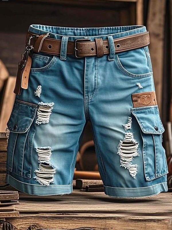 Pantaloni Scurți Din Denim Funcționali Vintage Pentru Bărbați Cu Aspect Rupt