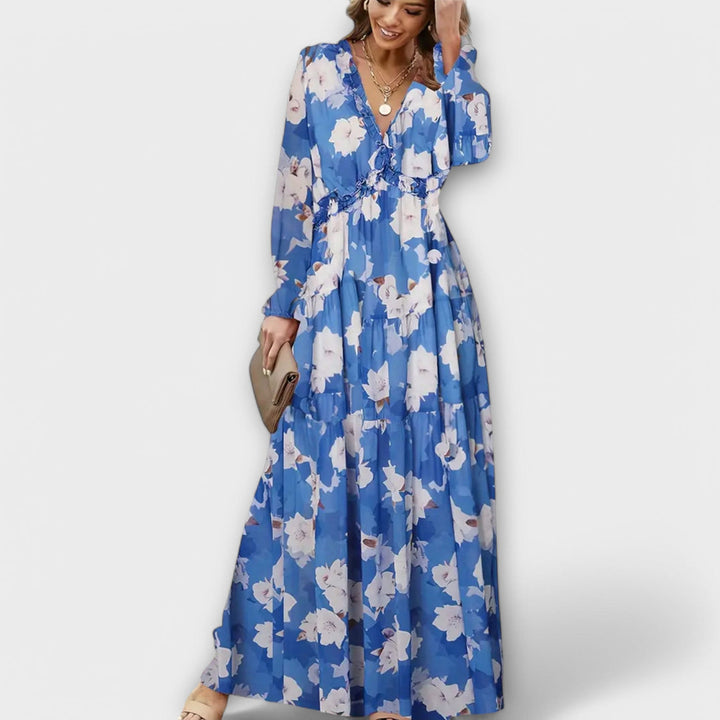Lukrecija - Rochie lungă cu Imprimeu Floral și Decolteu în V