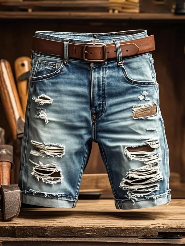 Pantaloni Scurți Din Denim Funcționali Vintage Pentru Bărbați Cu Aspect Rupt