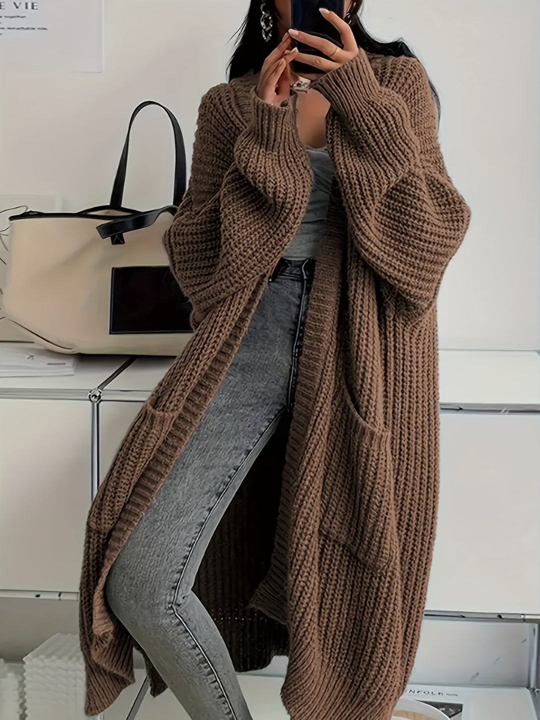 Ludivine - Cardigan Confortabil Lung Din Tricot Cu Deschidere În Față Și Buzunar