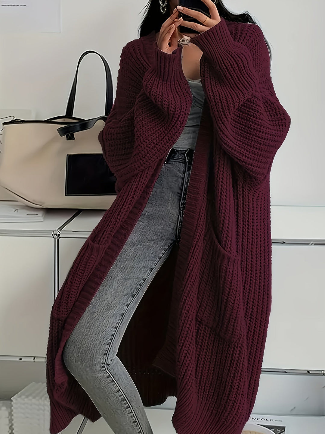 Ludivine - Cardigan Confortabil Lung Din Tricot Cu Deschidere În Față Și Buzunar