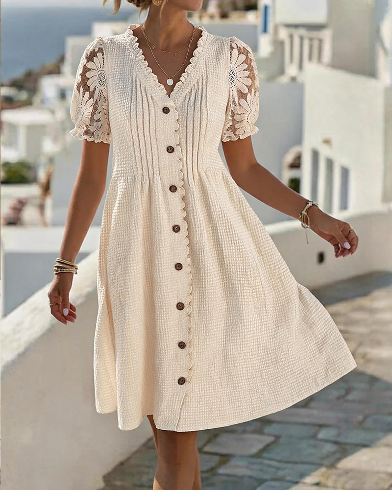 Deneke – Rochie cu Mâneci Balon și Dantelă patchwork