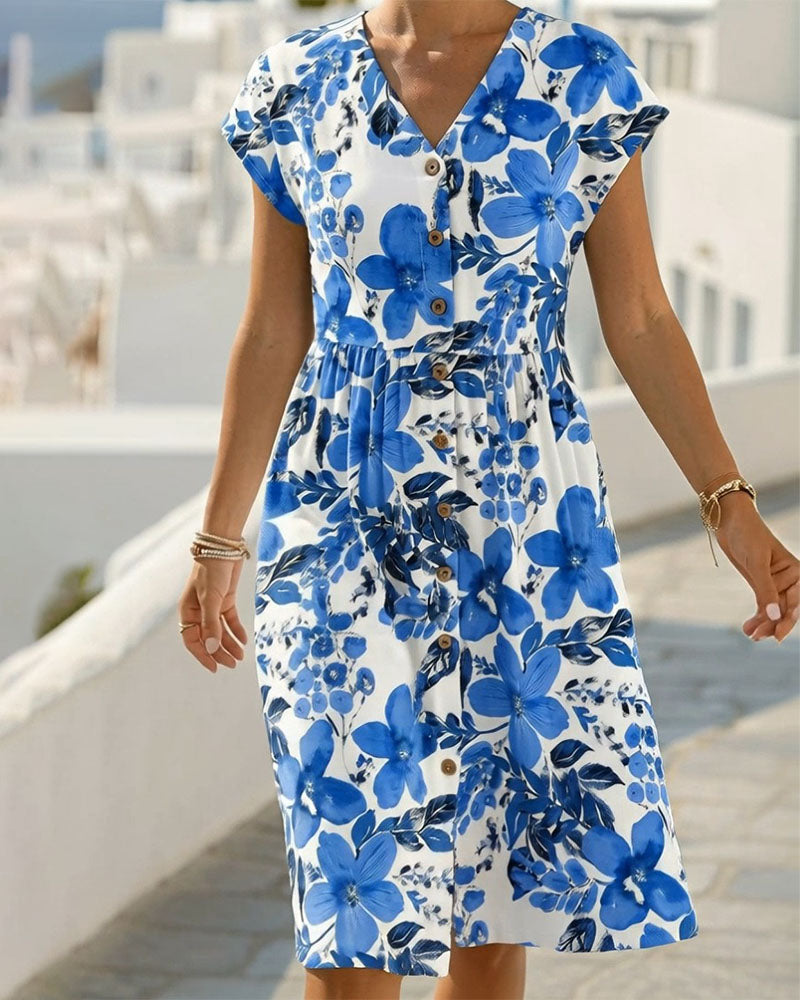 Sinera - Rochie Cu Imprimeu Floral și Mâneci Scurte