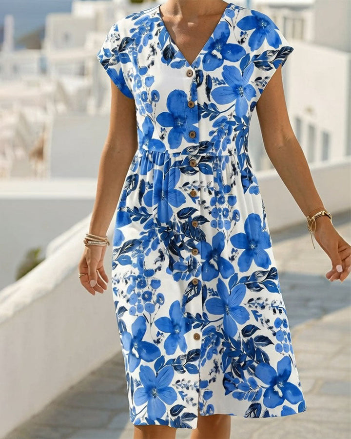 Sinera - Rochie Cu Imprimeu Floral și Mâneci Scurte