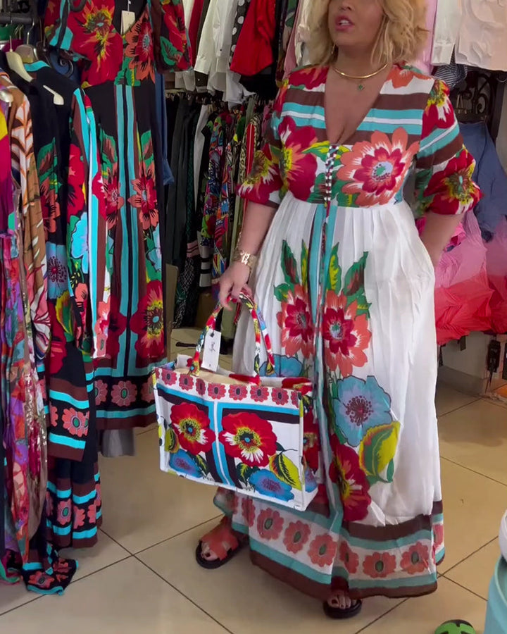 Nerijaa - Rochie Cu Imprimeu Floral și Decolteu Adânc în V