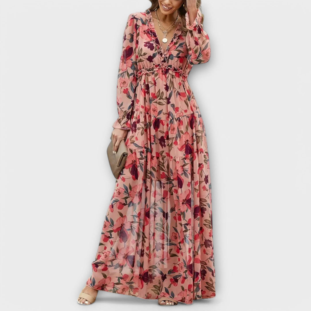 Lukrecija - Rochie lungă cu Imprimeu Floral și Decolteu în V
