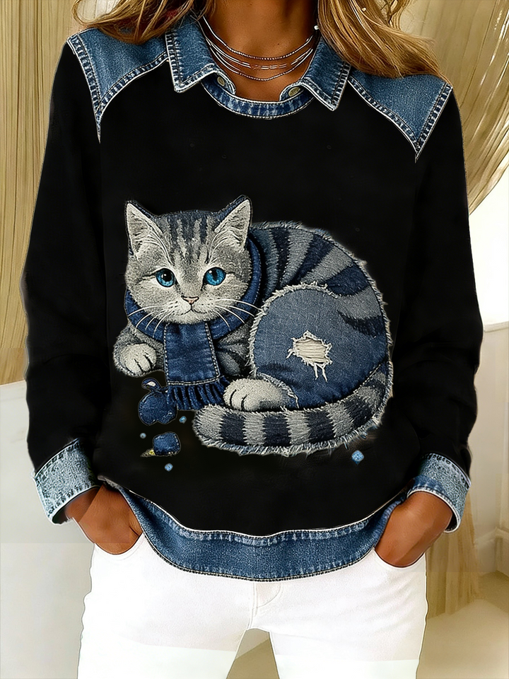 Eponin - Hanorac Retro Din Denim Cu patchwork