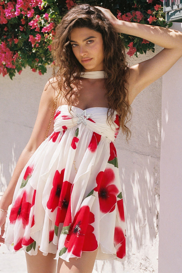 Aonika - Rochie Mini Din Sifon Cu Flori