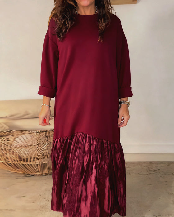 Dragica - Rochie Cu Guler Rotund și Imprimeu Patchwork Neregulat