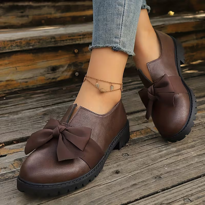 Nargiza - Mocasini Eleganți Cu Vârf Rotund Talpă Groasă Și Fundă Decorativă