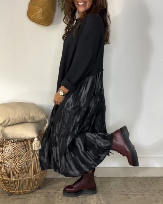 Dragica - Rochie Cu Guler Rotund și Imprimeu Patchwork Neregulat