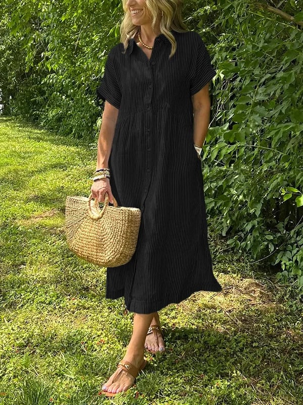 Alory – Rochie Midi Confortabilă Cu Dungi Si Nasturi