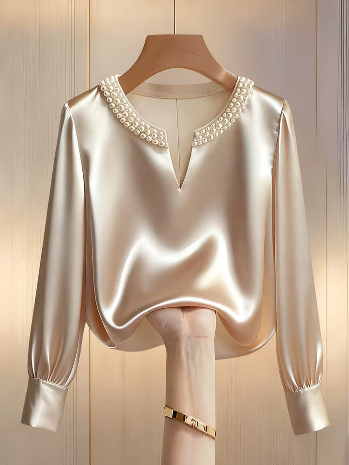 Avinaya - Cămașă Elegantă cu Mâneci Lungi și Guler Rotund cu Perle
