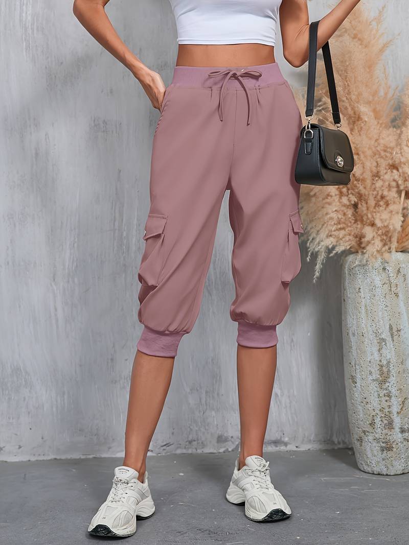 Kirabo - Pantaloni Cargo De Vară Cu Mai Multe Buzunare Și Talie Elastică Cu Nervuri