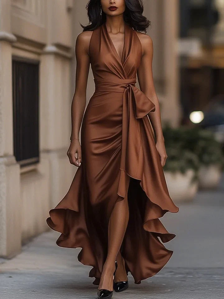 Sharipova - Rochie Elegantă Din Satin Fără Bretele Cu Volane