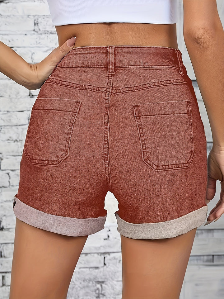 Thelma - Pantaloni Scurți Din Denim Elastic Cu Talie Inaltă Si Nasturi