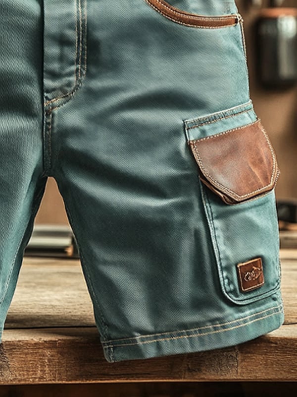 Pantaloni Scurți Vintage Pentru Bărbați Cu Buzunare și Cusături Funcționale (Cu Curea)