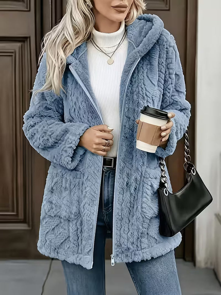 Elima – Cardigan Cu Glugă, Din Pluș, Cu Fermoar, PE Ambele Părți
