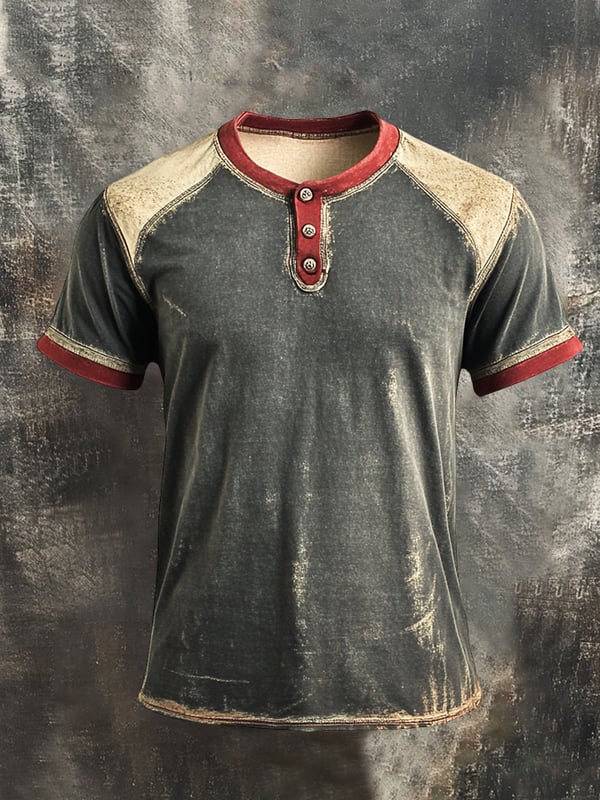 Tricou Cu Guler Henley și Mâneci Scurte în Culori Retro Pentru Bărbați