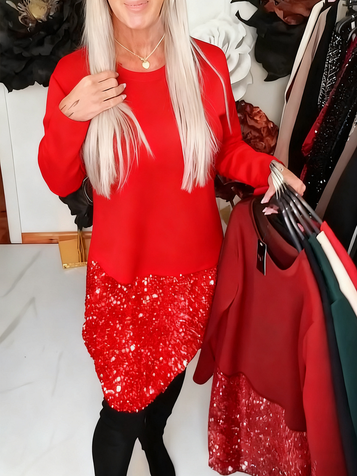 Ksenija - Rochie Cu Guler Rotund și Patchwork Cu Paiete