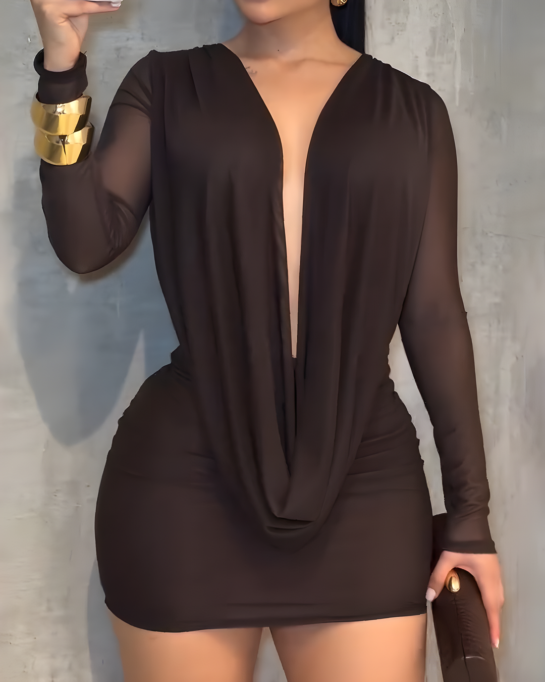 Nixlyn - Rochie mini din Plasă cu Decolteu în V și Spate Decupat