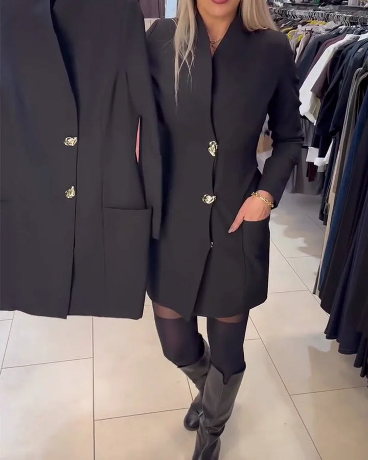 Shireen - Rochie Cu Guler în Picioare și Nasturi Metalici