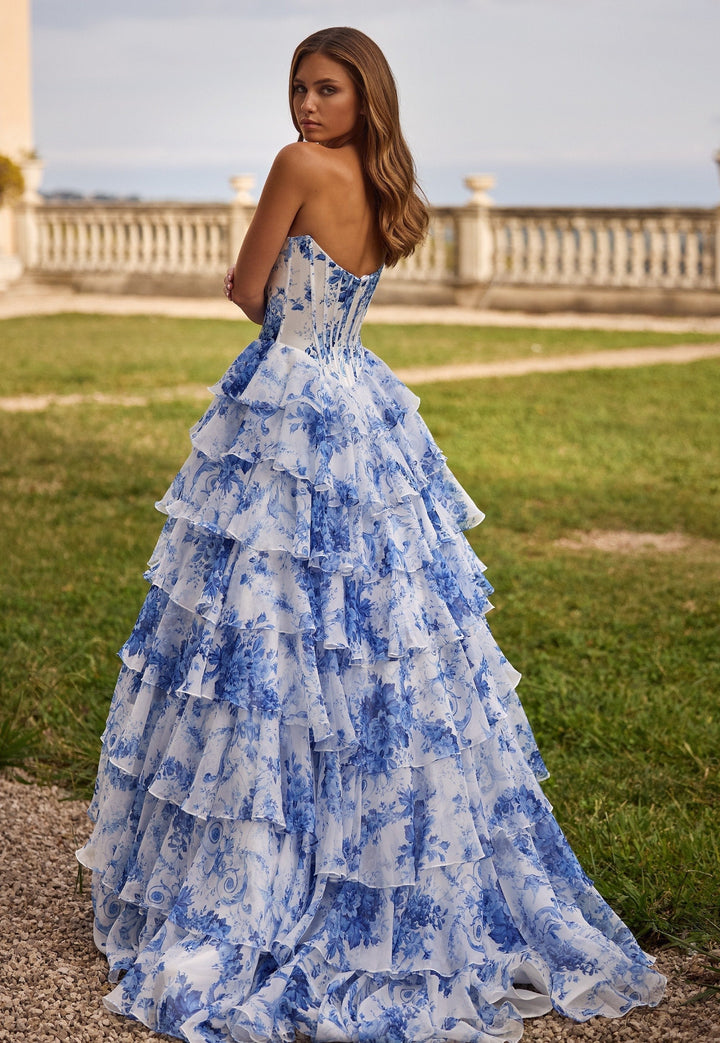Miolina - Rochie De Seară Fără Bretele, Cu Volane și Straturi
