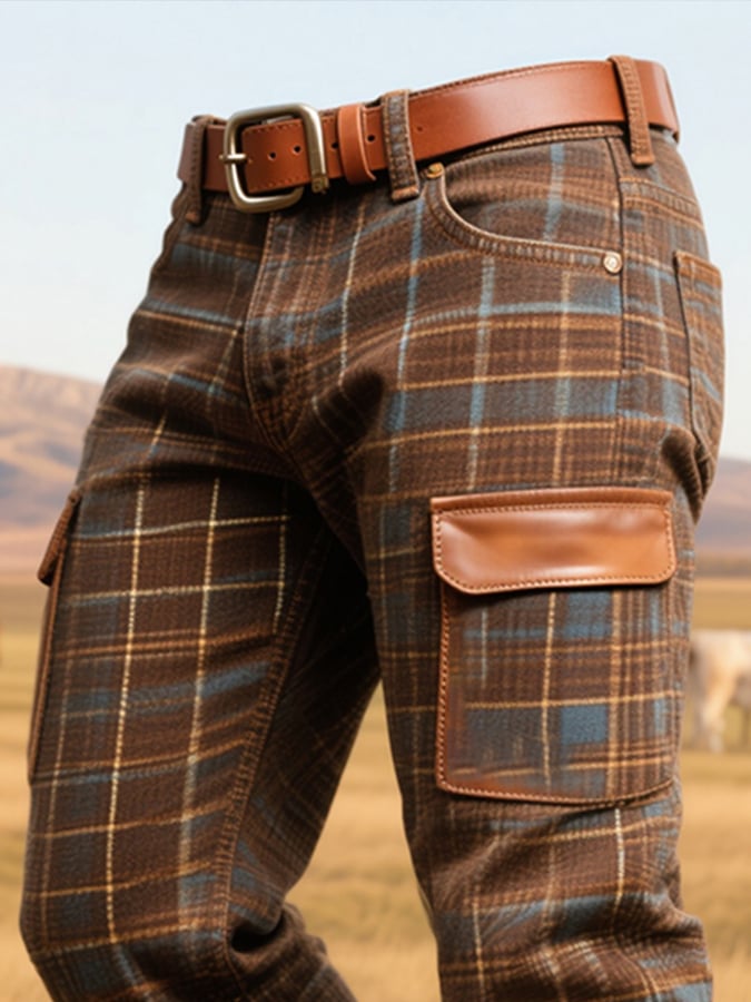 Ravindra - Pantaloni Din Piele Cu Panouri în Carouri Vintage