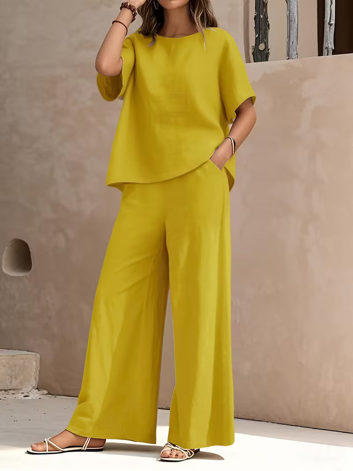 Josy - Set Compus Din Bluză cu Mâneci Scurte și Pantaloni cu Croi Larg
