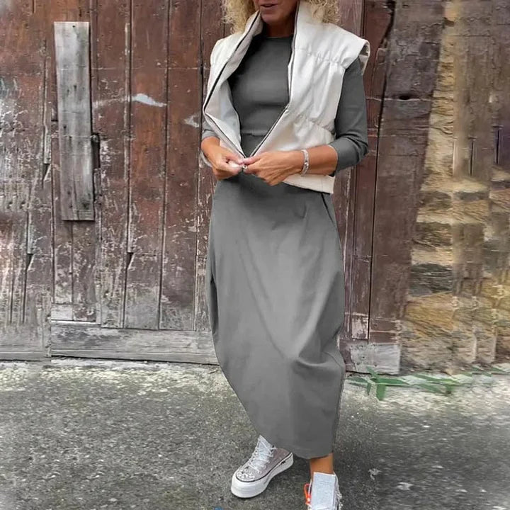 Vionel - Rochie Din Poliester Cu Mâneci Lungi și Buzunare