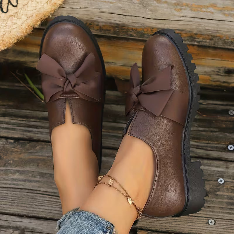Nargiza - Mocasini Eleganți Cu Vârf Rotund Talpă Groasă Și Fundă Decorativă
