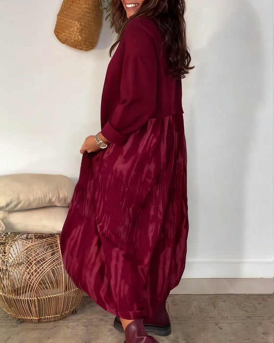 Dragica - Rochie Cu Guler Rotund și Imprimeu Patchwork Neregulat