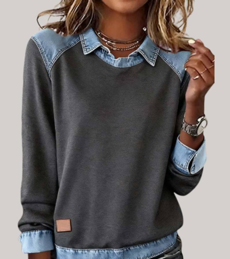 Ravit - Bluză Din Tricot Denim cu Mâneci Lungi