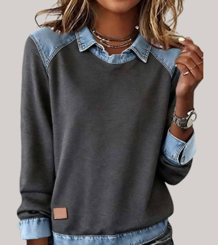 Ravit - Bluză Din Tricot Denim cu Mâneci Lungi