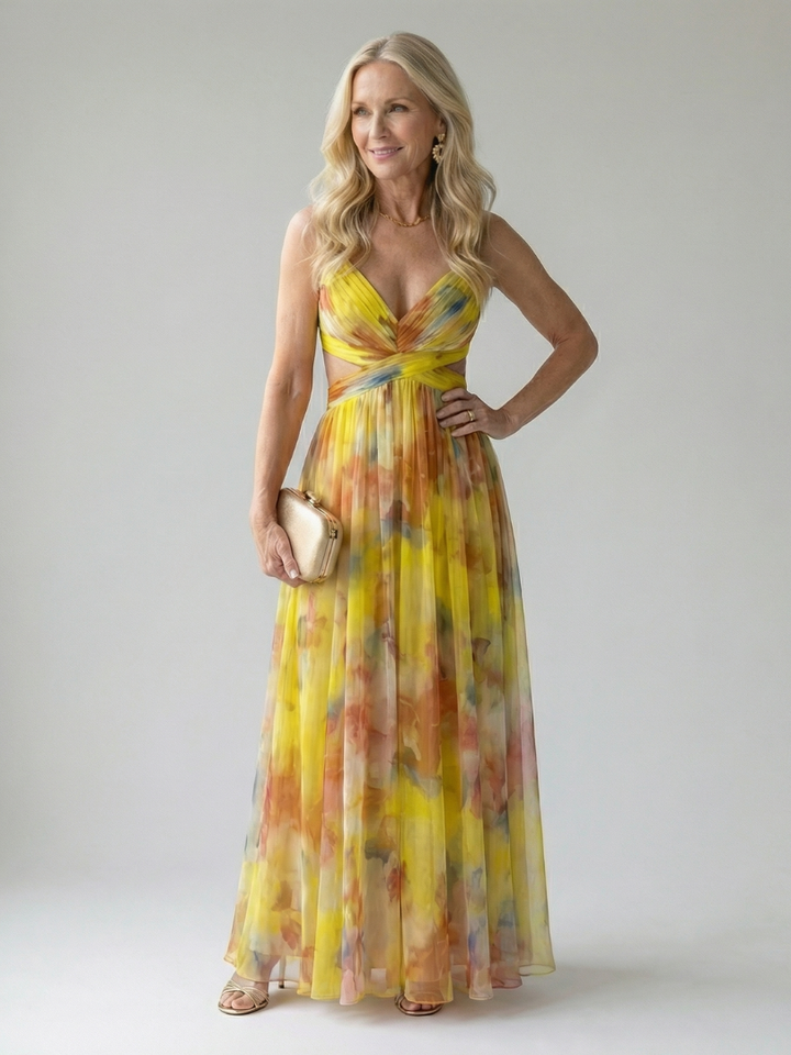 Xeenia - Rochie Maxi Elegantă Din șifon Cu Decupaje