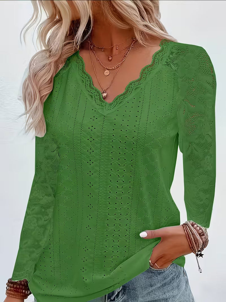 Shaleva - Cămașă Elegantă cu Mâneci Lungi și Decolteu în V Din Dantelă