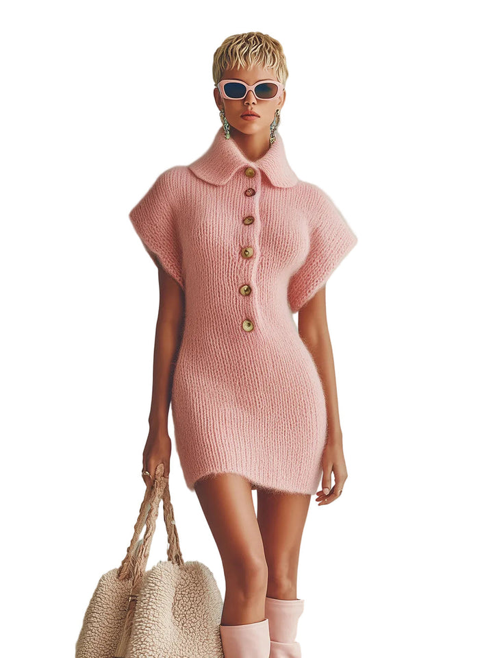 Ceyda - Rochie Mini Tricotată Cu Nasturi în Față