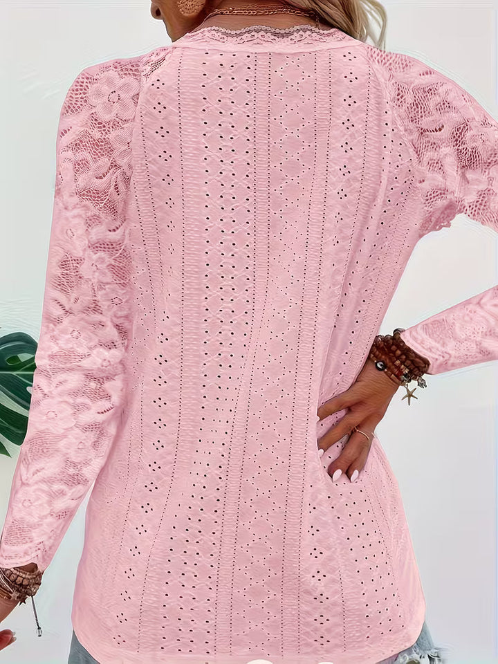 Shaleva - Cămașă Elegantă cu Mâneci Lungi și Decolteu în V Din Dantelă